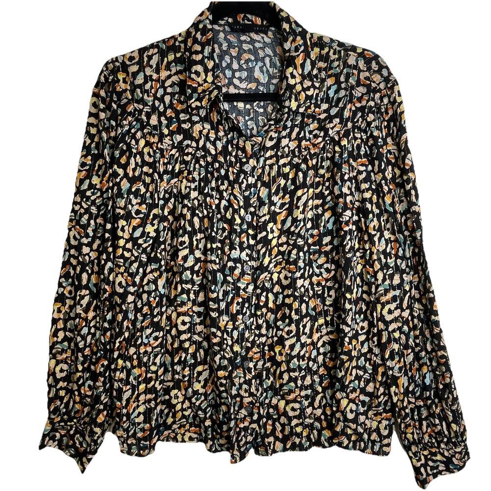 Jane‎ and Delancey Blouse SZ XL Button Down Boho Abstract Gold MetallicThread